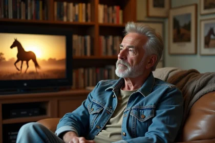 Homme regardant un film western sur les chevaux dans un salon décoré de photographies équestres