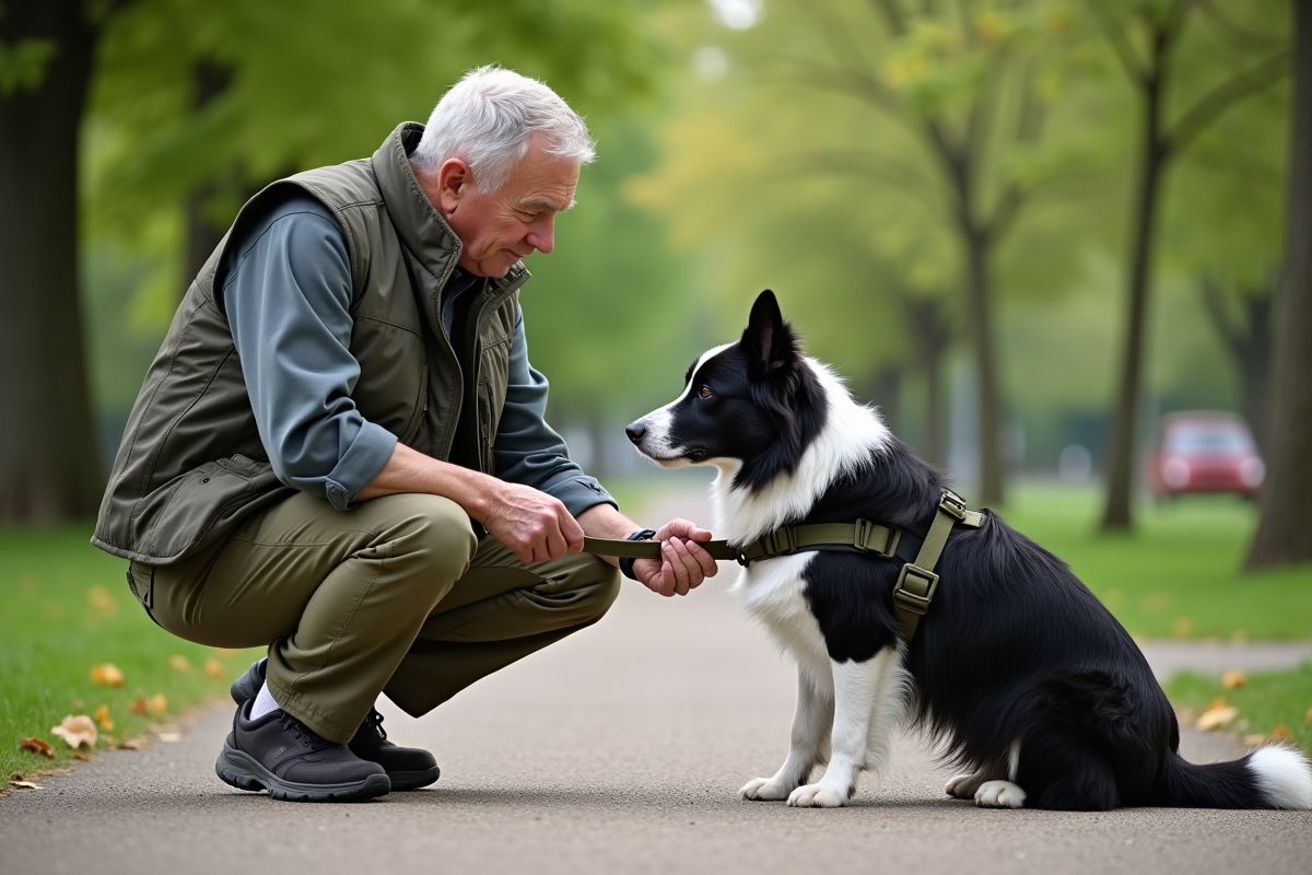 Homme attachant un harnais à un chien dans un parc urbain