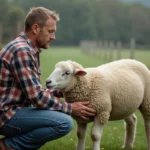 Homme inspectant un mouton sain à la ferme