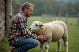 Homme inspectant un mouton sain à la ferme