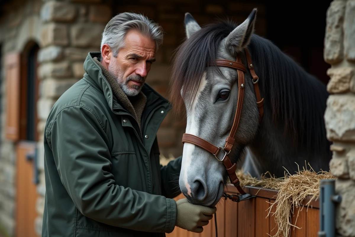 Homme inspectant les sabots d'un poney Connemara gris dans une écurie en pierre avant un premier achat équestre