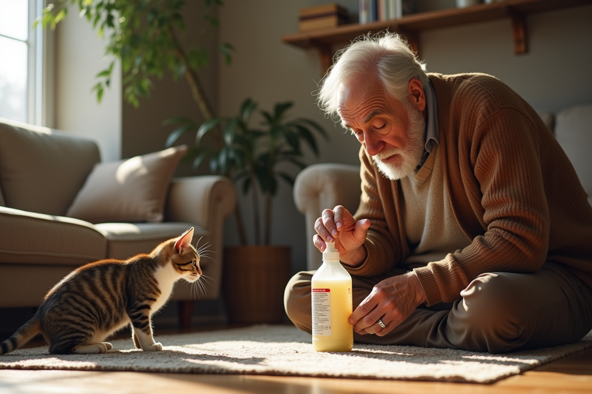 Homme âgé lisant une étiquette de produit ménager