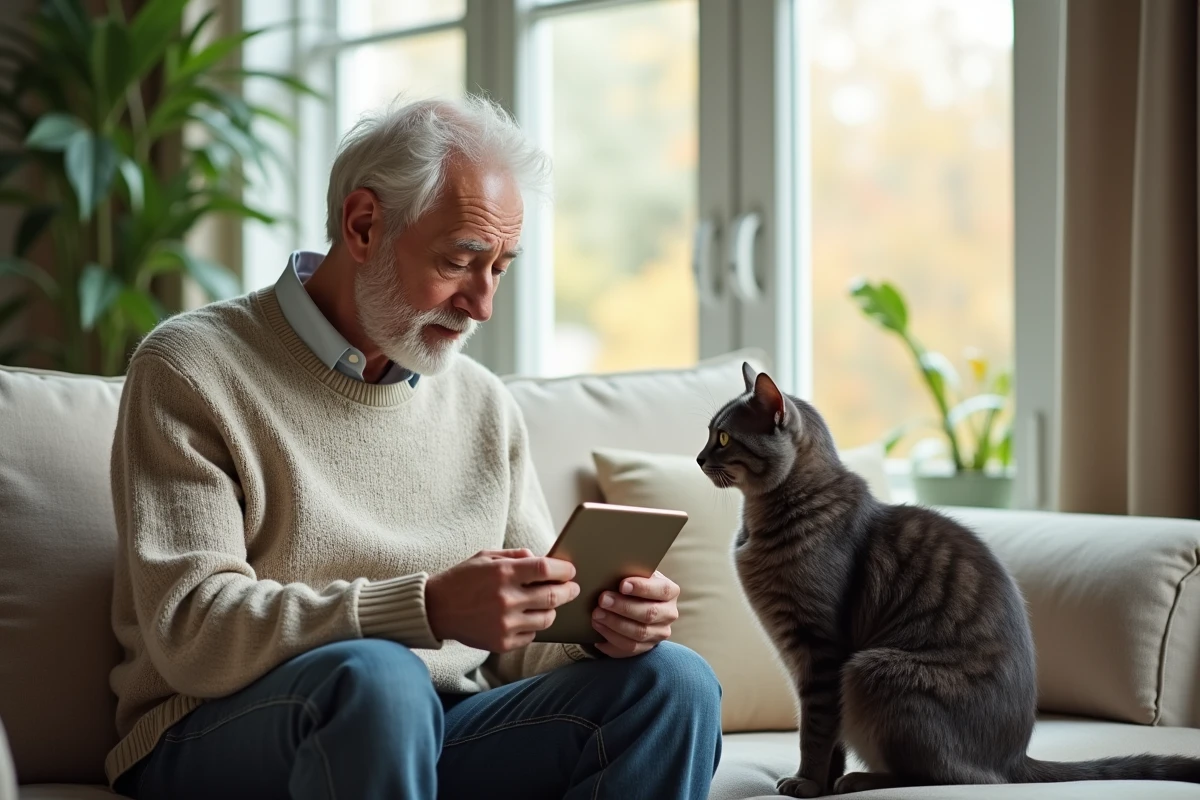 Homme âgé lisant l’étiquette d’une boîte de nourriture pour chat