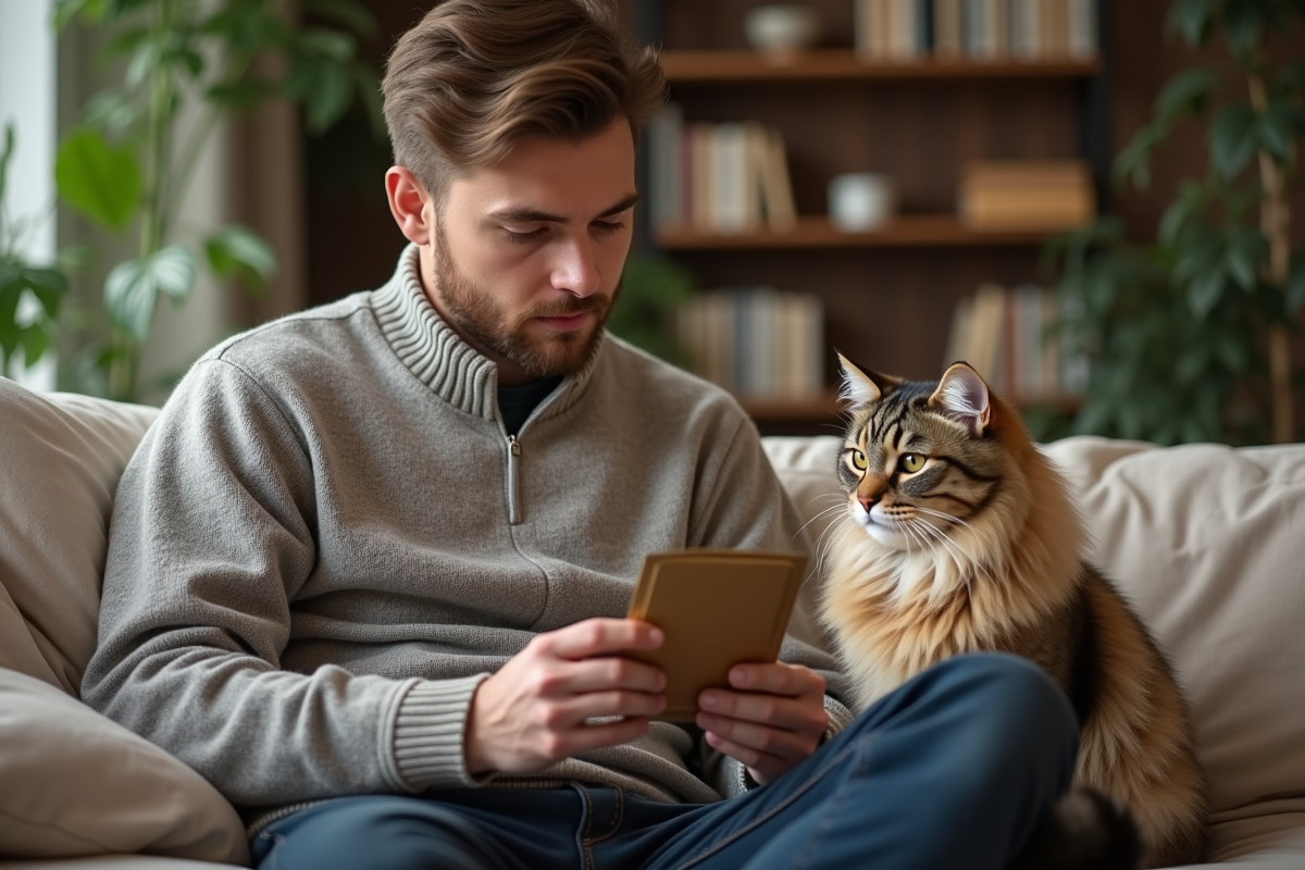 Jeune homme vérifiant l’étiquette d’une pâtée pour chat