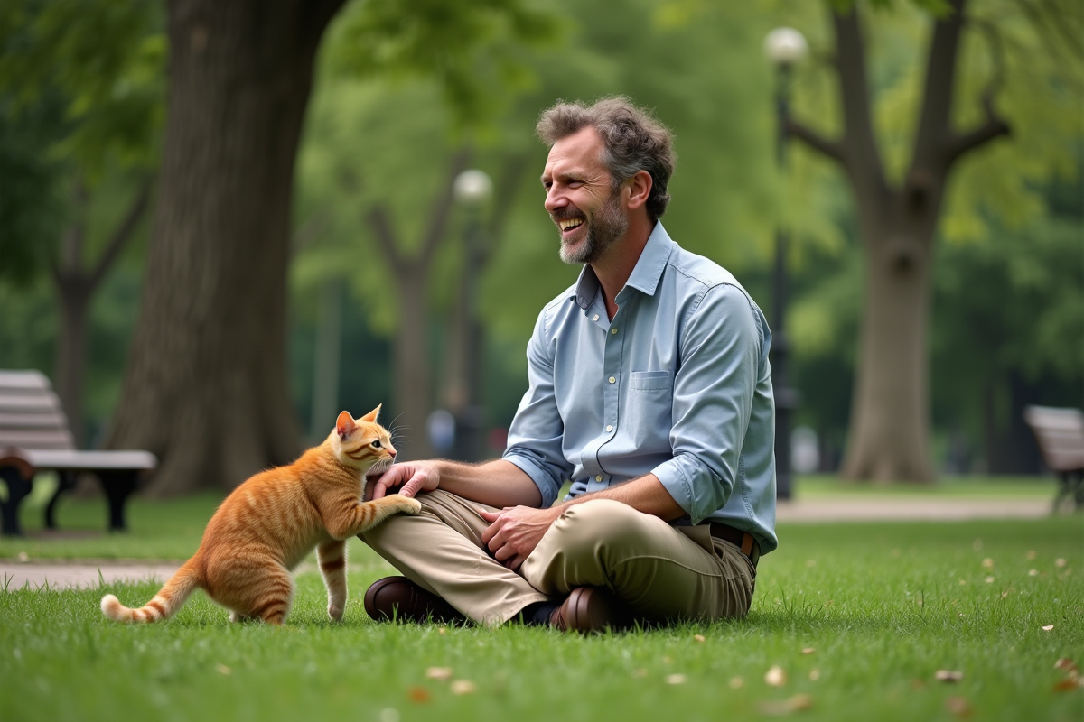 Homme riant avec chat dans un parc naturel