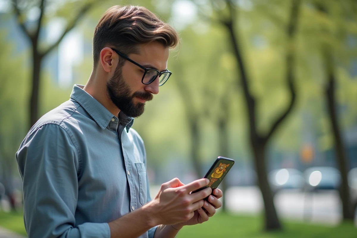 Homme dans un parc urbain consulte une application animal