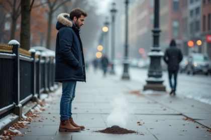 Jeune homme en parka regardant vapeur sur trottoir urbain