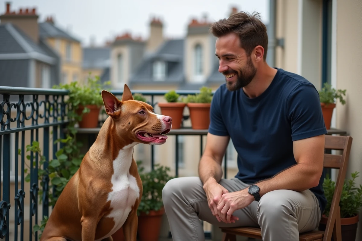 Homme et Pitbull sur un balcon d'appartement avec vue sur les toits parisiens