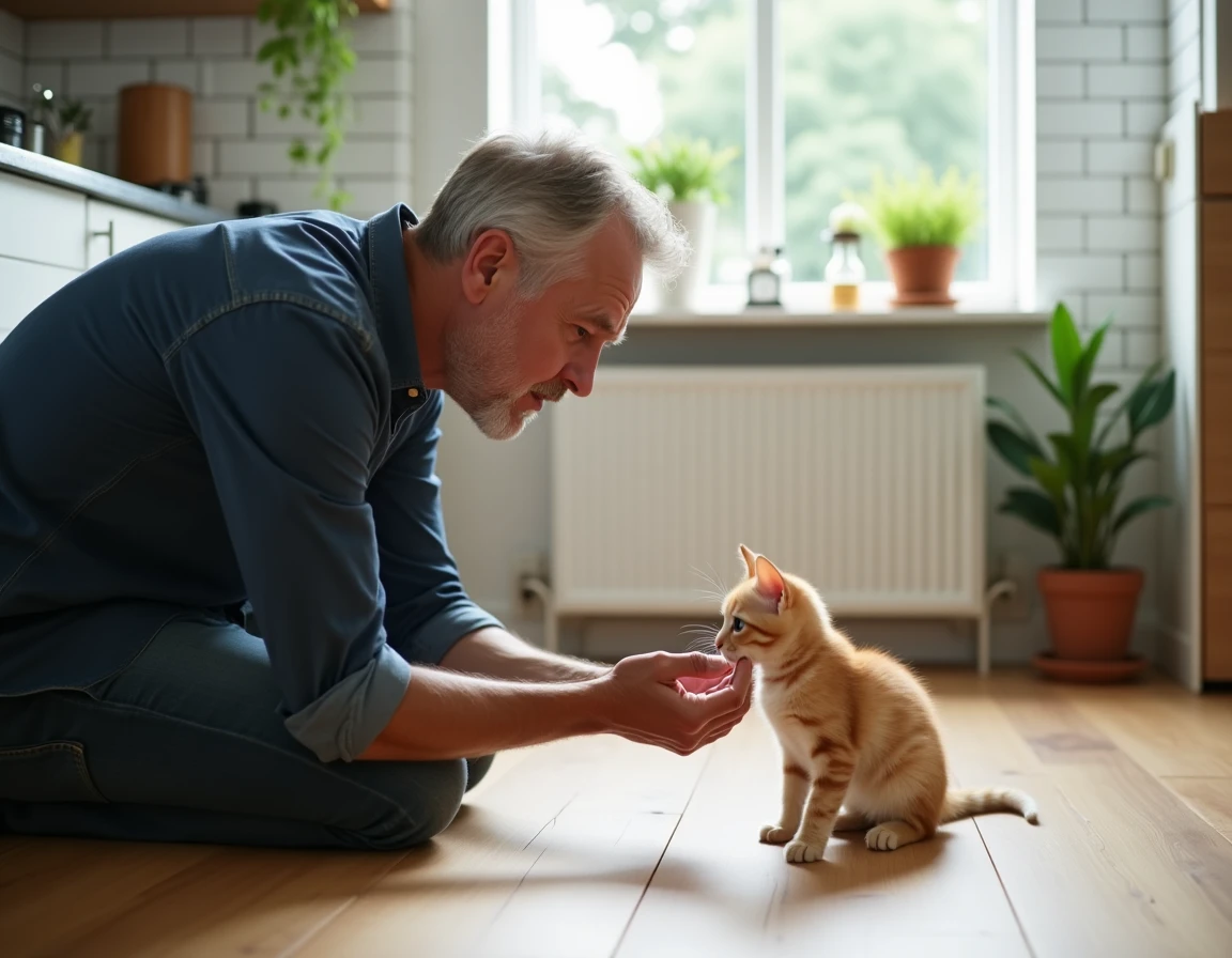 Homme d'âge moyen approchant doucement la main d'un chaton roux curieux et détendu sur un parquet en bois dans une cuisine moderne