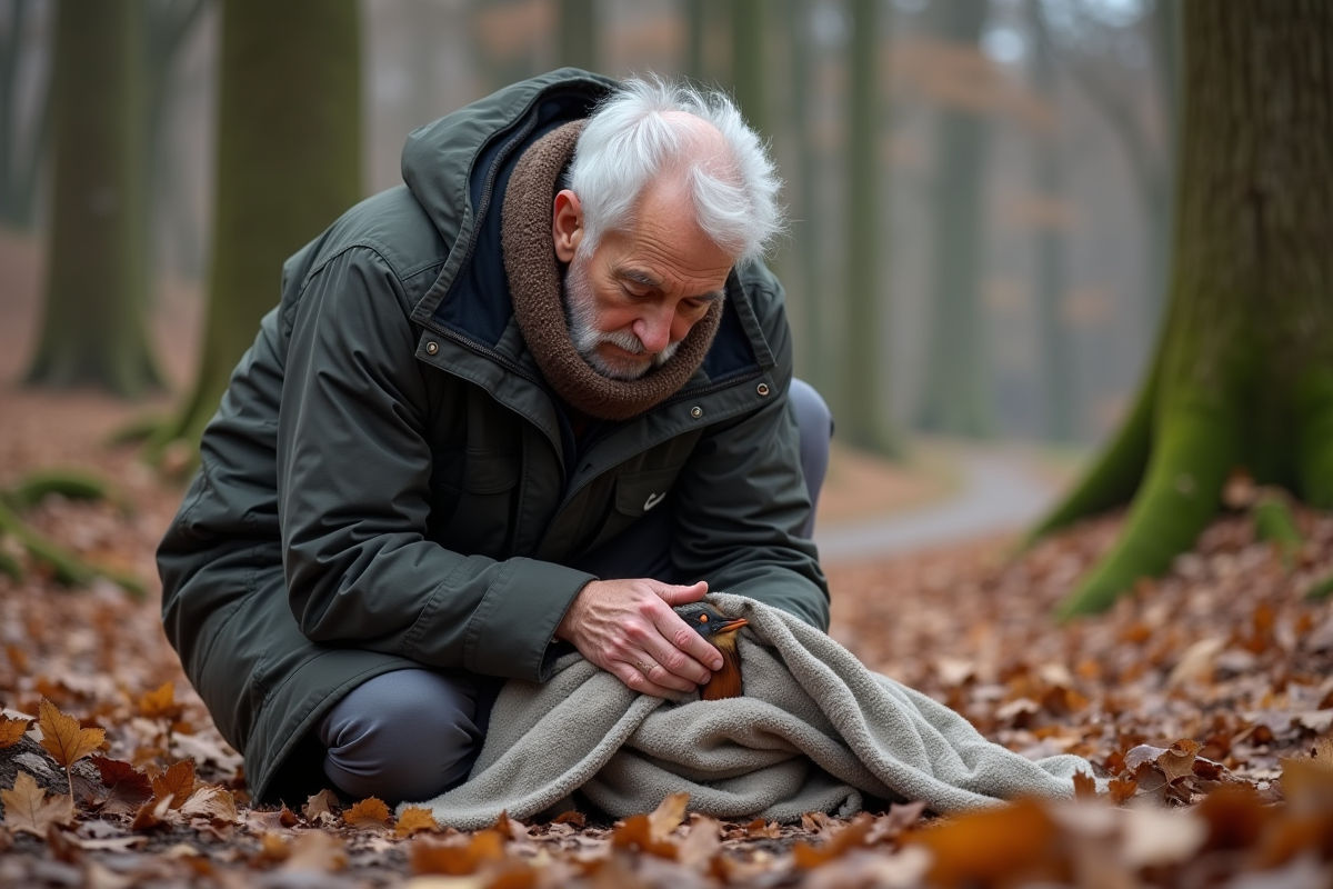 Homme âgé soignant un oiseau blessé dans un parc automnal