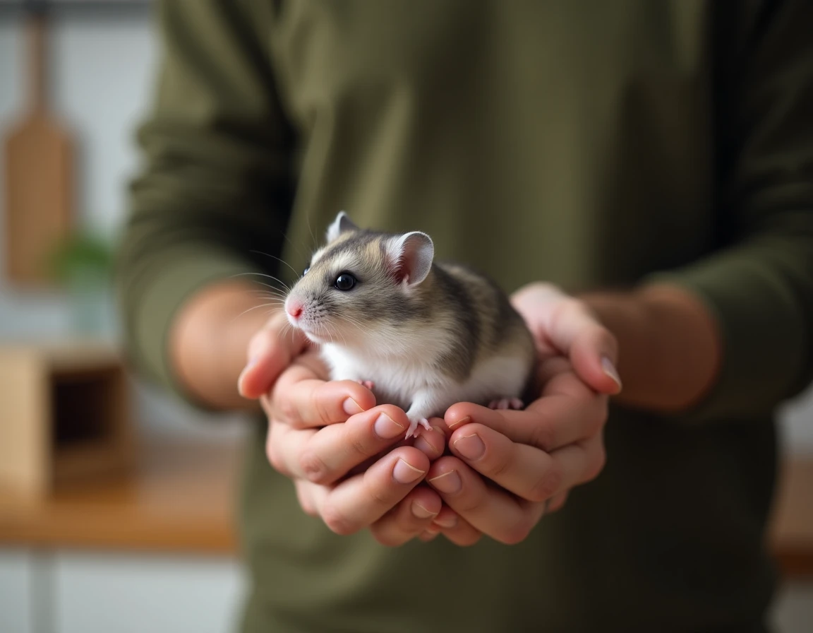 Homme tenant délicatement un hamster russe dans ses mains après son adoption récente