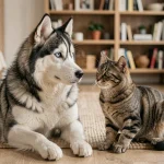 Husky sibérien et chat tigré cohabitant paisiblement dans un salon scandinave chaleureux