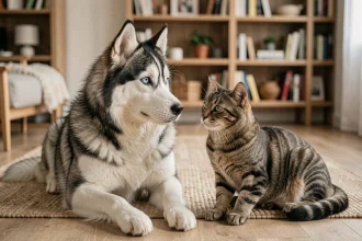 Husky sibérien et chat tigré cohabitant paisiblement dans un salon scandinave chaleureux