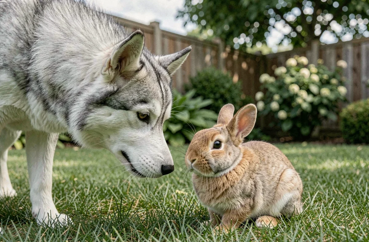 Husky sibérien reniflant un lapin nain dans un jardin verdoyant, cohabitation animale en extérieur