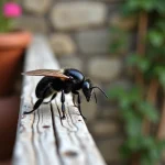 Gros insecte noir volant posé sur la rambarde en bois d'une terrasse extérieure, vue macro détaillée