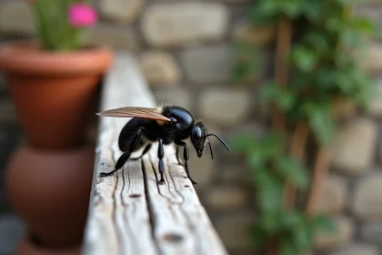 Gros insecte noir volant posé sur la rambarde en bois d'une terrasse extérieure, vue macro détaillée