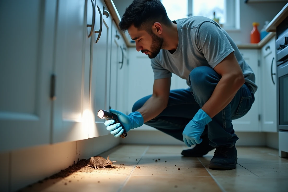 Professionnel de la dératisation inspectant des crottes de souris sous un meuble de cuisine avec des gants de protection