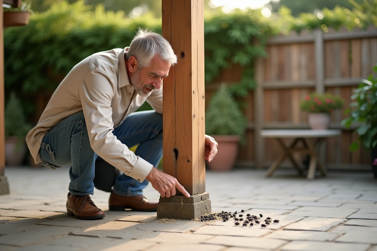 Propriétaire inspectant des trous creusés par des insectes noirs dans le bois d'une pergola sur sa terrasse