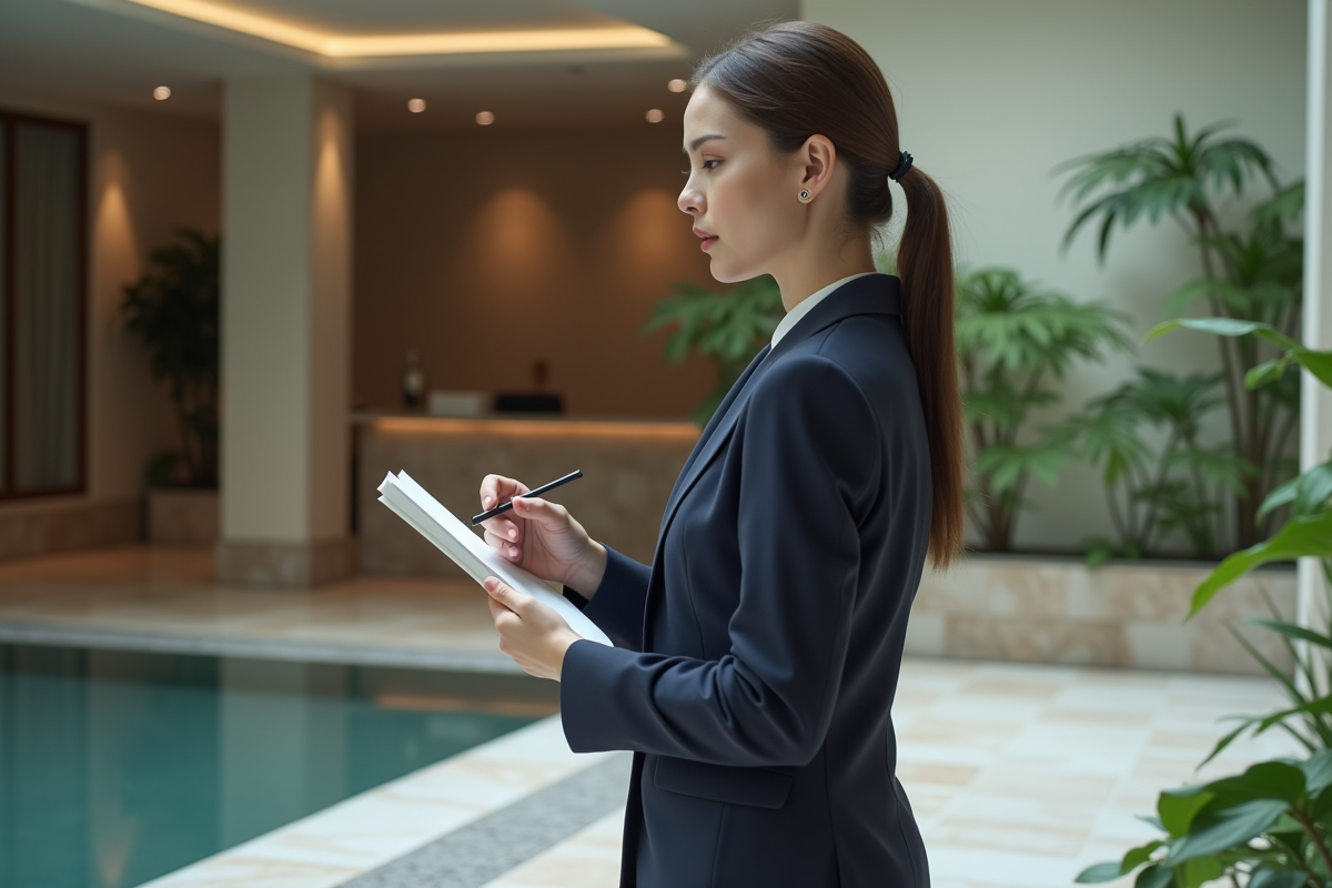 Femme enquêtrice dans un spa luxueux en tenue professionnelle