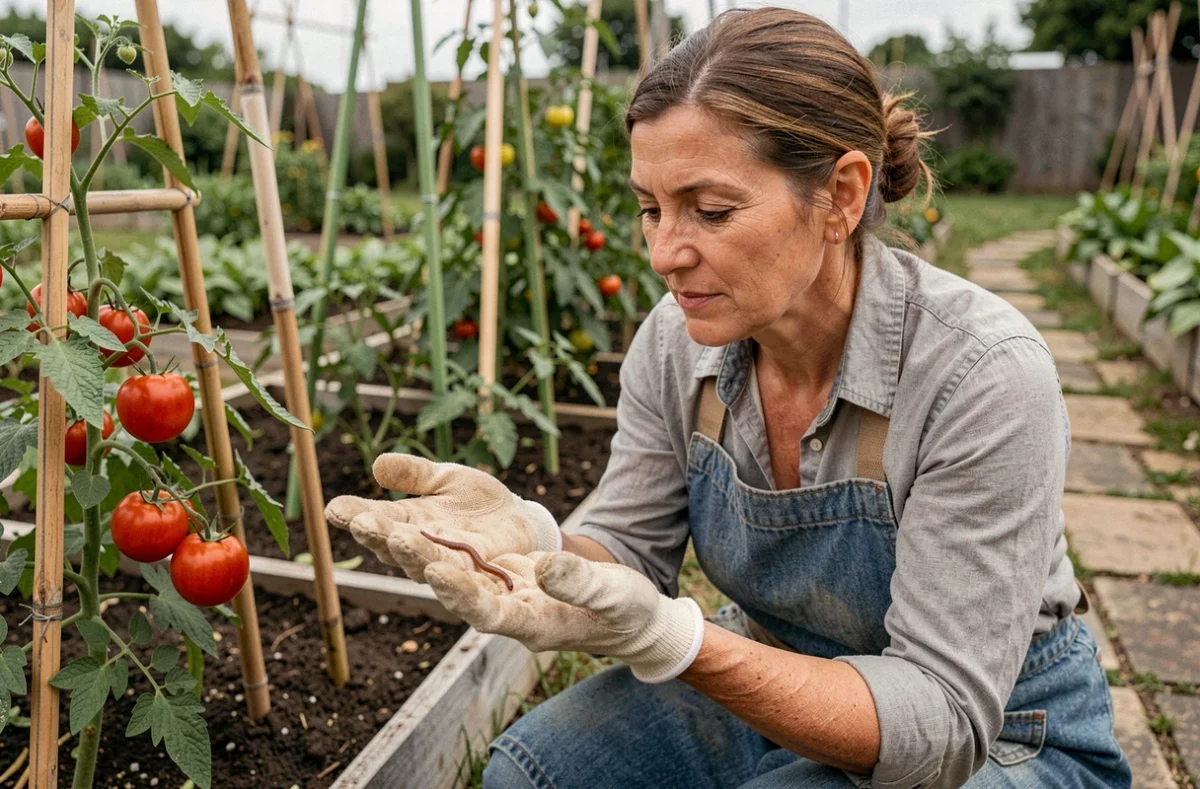 Jardinière tenant un orvet dans sa main gantée au milieu d'un potager verdoyant
