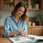 Jeune femme jouant à un jeu éducatif d'animaux en cherchant un animal commençant par la lettre D dans un livre illustré