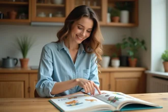 Jeune femme jouant à un jeu éducatif d'animaux en cherchant un animal commençant par la lettre D dans un livre illustré