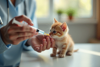 Chaton recevant un vermifuge avec une seringue