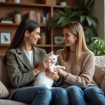 Jeune femme avec chaton Bengal blanc dans un salon chaleureux