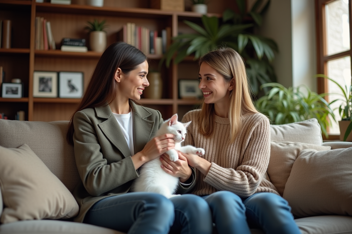 Jeune femme avec chaton Bengal blanc dans un salon chaleureux