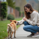 Jeune femme avec un chien errant dans un quartier résidentiel
