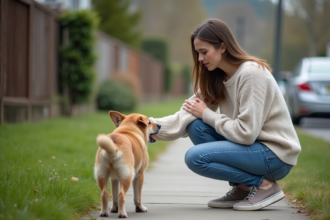 Jeune femme avec un chien errant dans un quartier résidentiel