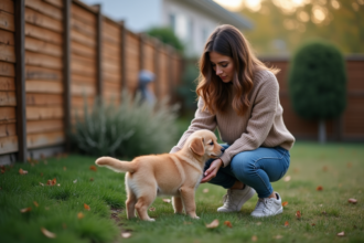 Jeune femme avec un chiot golden retriever dans le jardin