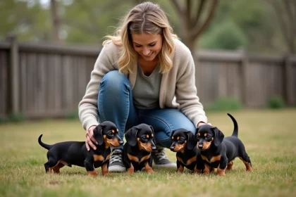Femme avec chiots dachshund dans un enclos rural