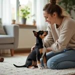 Jeune femme enseignant à un chiot bull terrier à s'asseoir