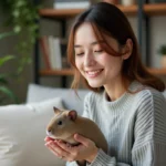 Jeune femme souriante tenant un guinea pig nu dans un salon chaleureux