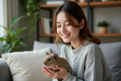 Jeune femme souriante tenant un guinea pig nu dans un salon chaleureux