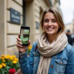 Jeune femme devant mairie montrant un site avec des chenilles noires