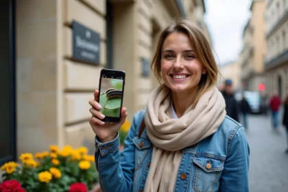 Jeune femme devant mairie montrant un site avec des chenilles noires