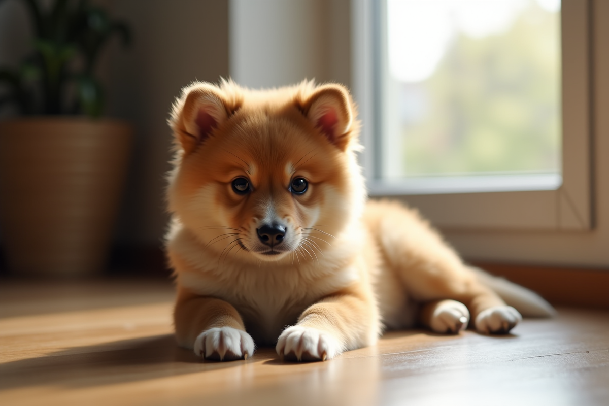Chiot Finnish Spitz allongé près d