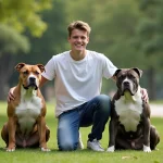 Jeune homme avec deux American Bullies dans un parc