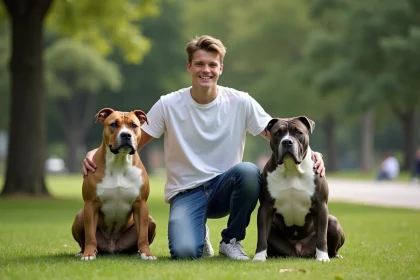 Jeune homme avec deux American Bullies dans un parc