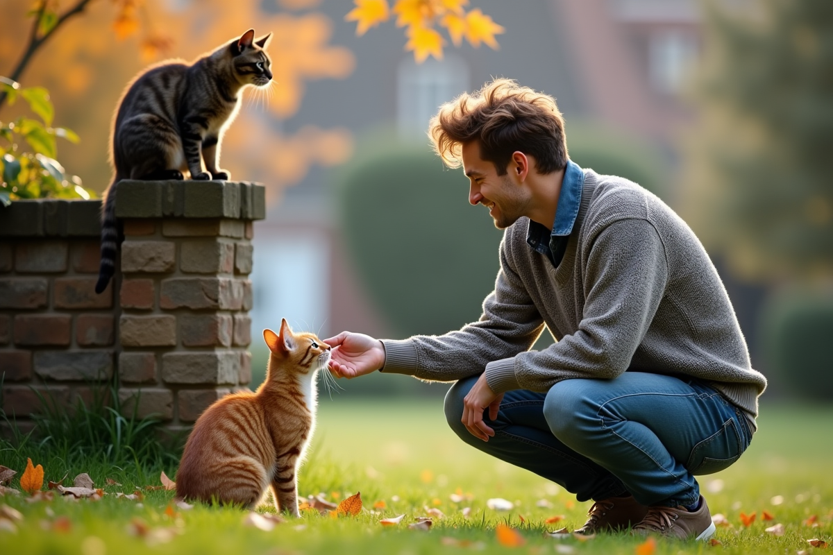 Jeune homme dans un jardin avec un chat Maine coon