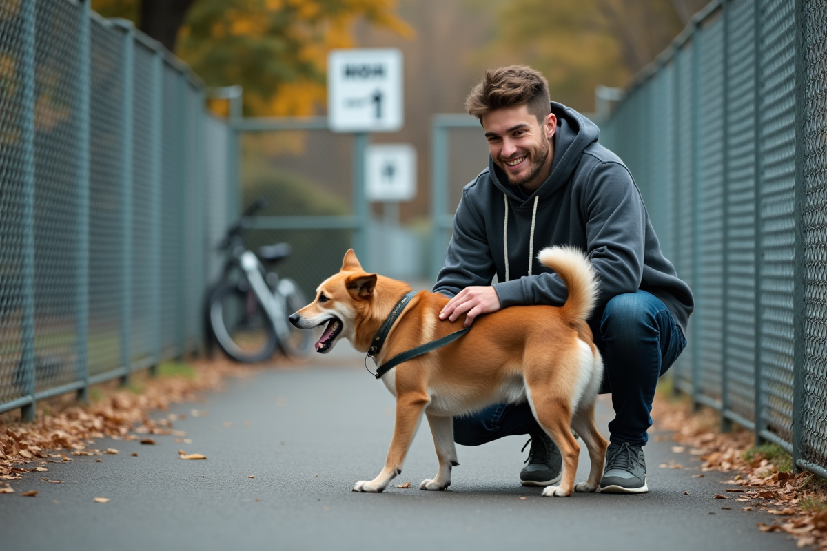 Jeune homme avec chien dehors devant refuge animalier