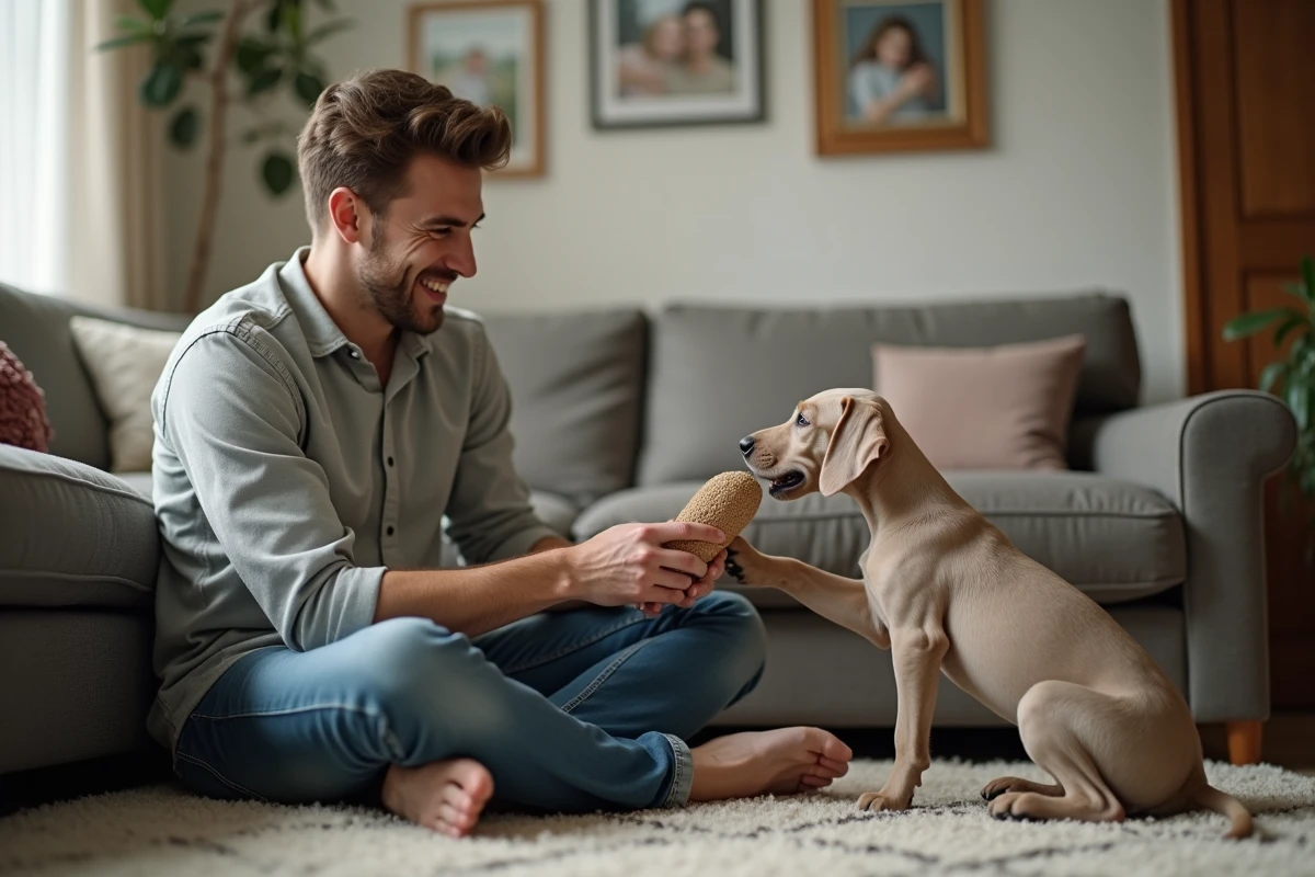 Jeune homme avec un chiot weimaraner dans le salon