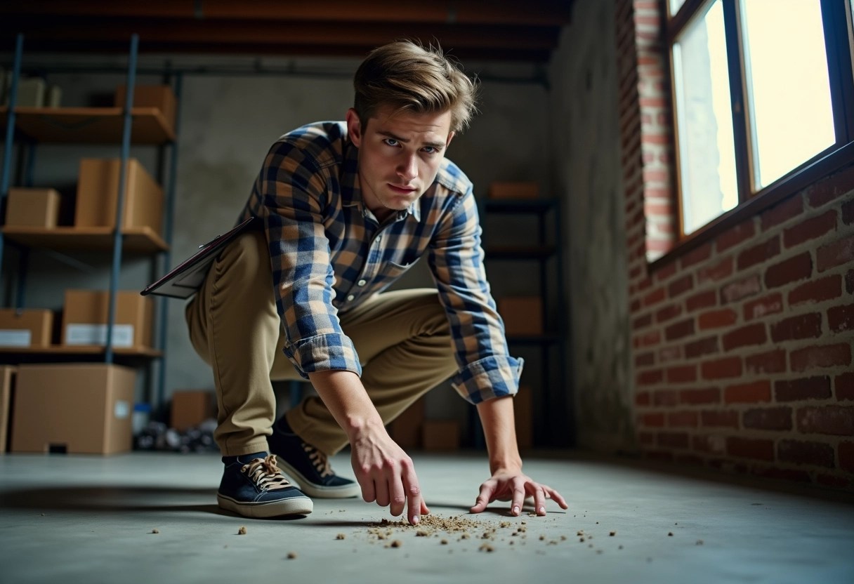 Jeune homme pointant des déjections dans un sous-sol sombre