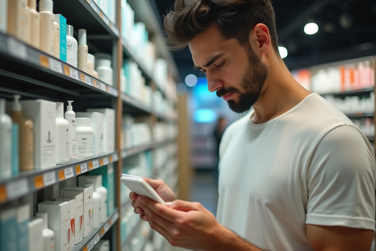 Jeune homme étudiant des étiquettes de produits de soin