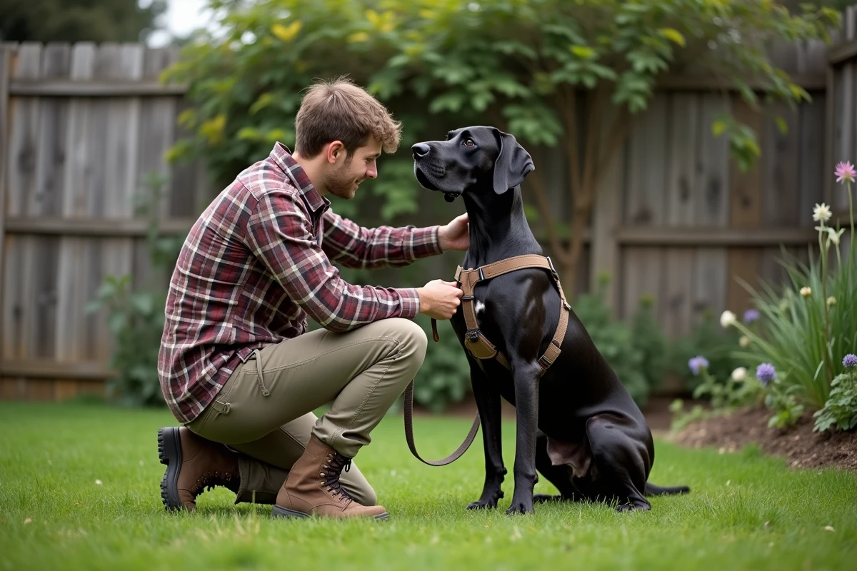 Jeune homme attachant un harnais à un grand chien dans le jardin
