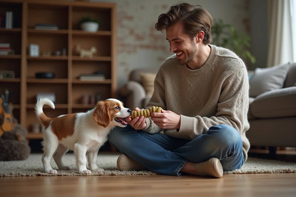 Jeune homme joue avec un chiot dans le salon