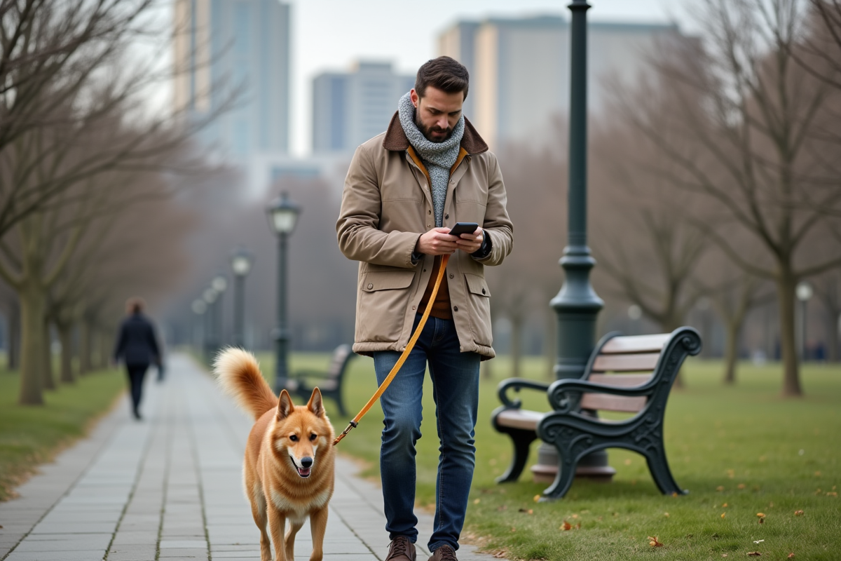 Jeune homme avec un chien dans un parc urbain