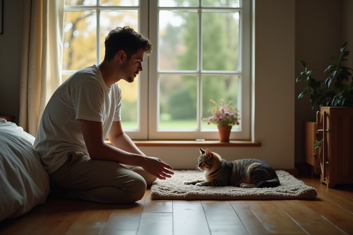 Jeune homme examine son chat malade près de la fenêtre